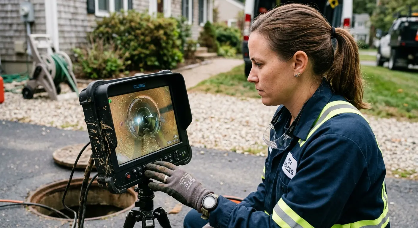 Technician reviewing sewer camera inspection footage in Oakland Park