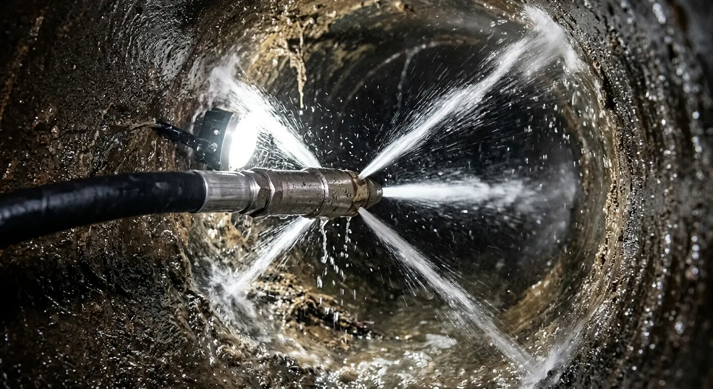 High-pressure hydro jetting nozzle cleaning sewer pipe for Trenchless Sewer Repair in Oakland Park