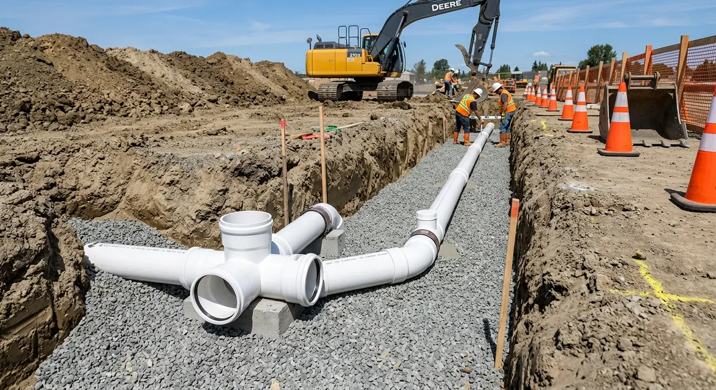 New PVC sewer pipe installation in open trench for Sewer Backup in Oakland Park