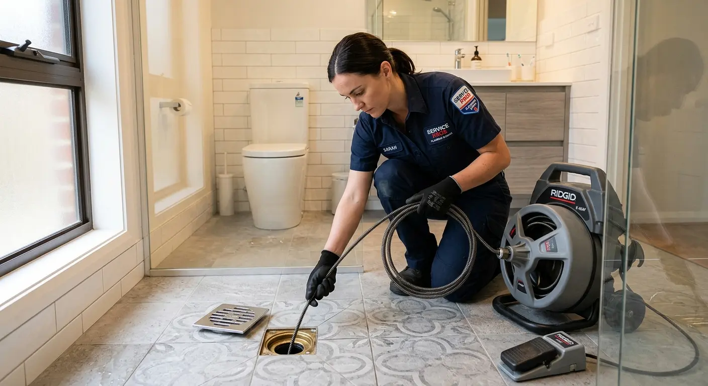Technician clearing a bathroom floor drain for Drain Repair in Oakland Park